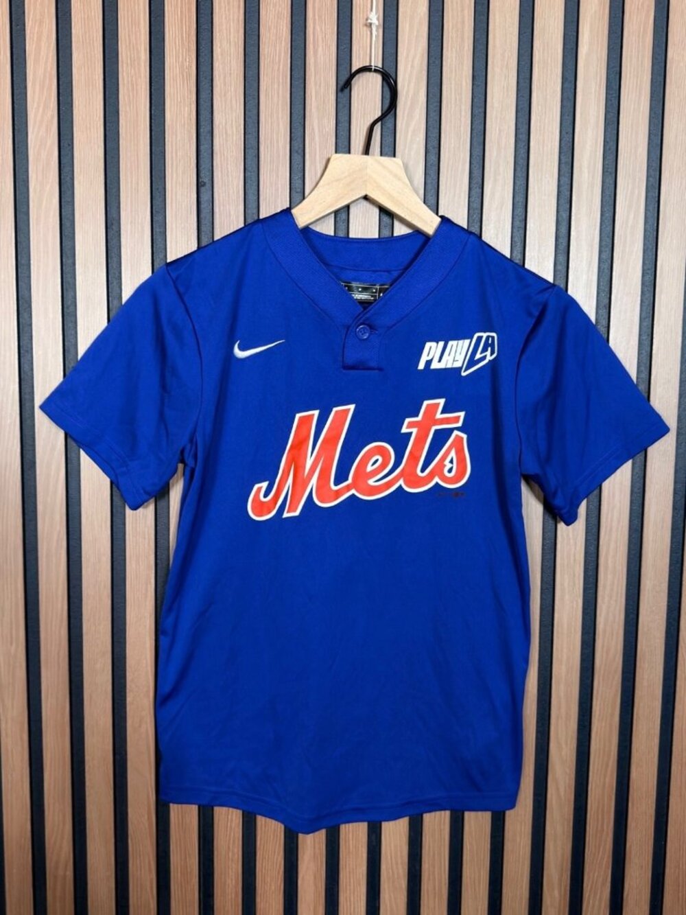 Nike New York Mets Jersey Medium Boys Blue #1 Short Sleeve Team MLB Henley Shirt